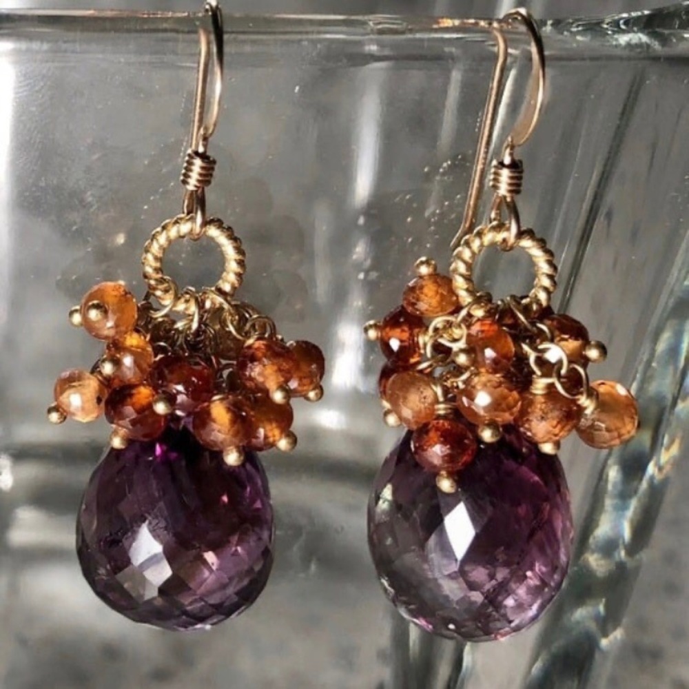 New Genuine Natural Amethyst & Hessonite Garnet Gold Filled Earrings
